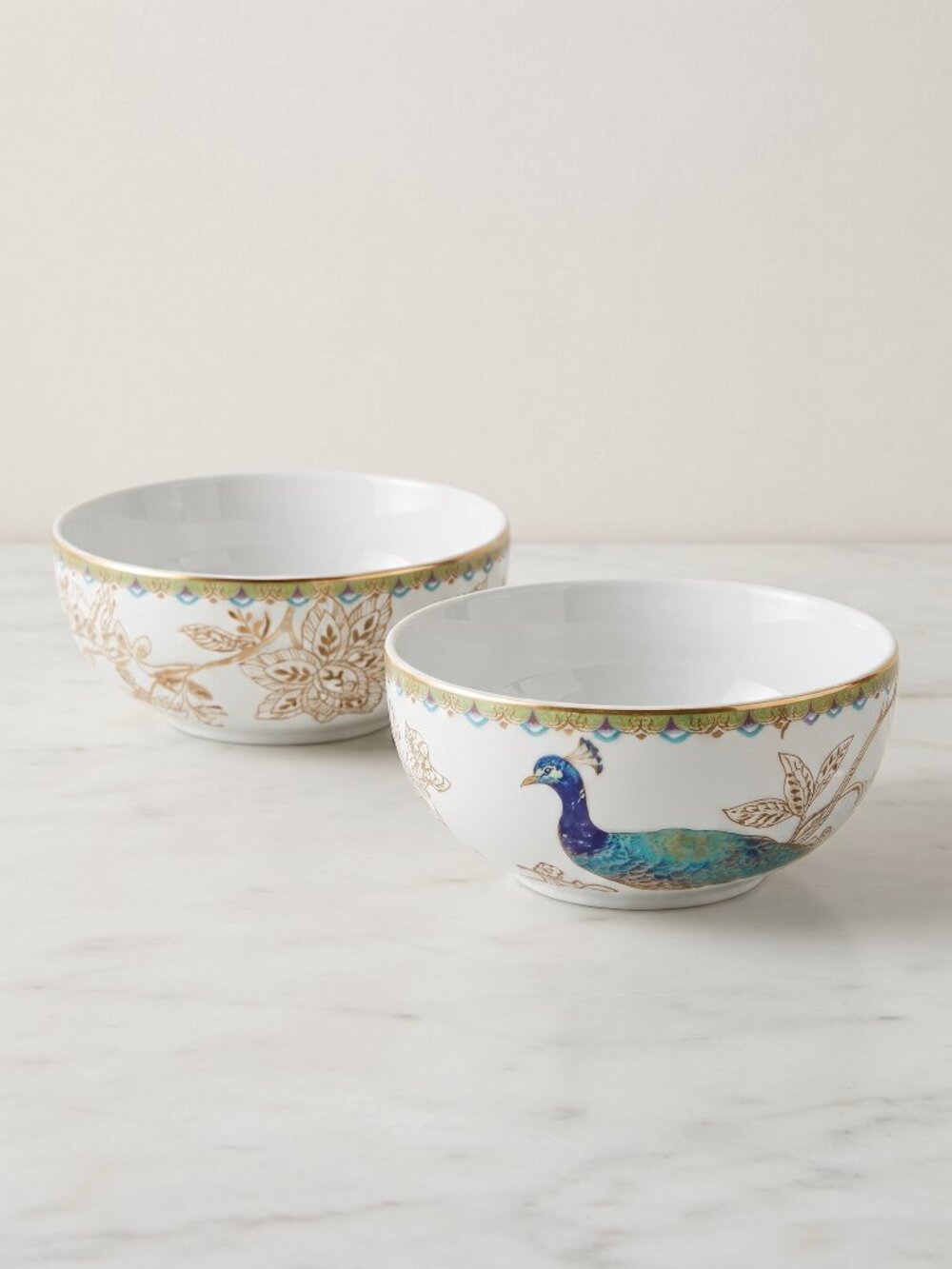 222 Fifth Peacock Garden Soup Cereal Bowls Fine China Porcelain Gold Trim x 2